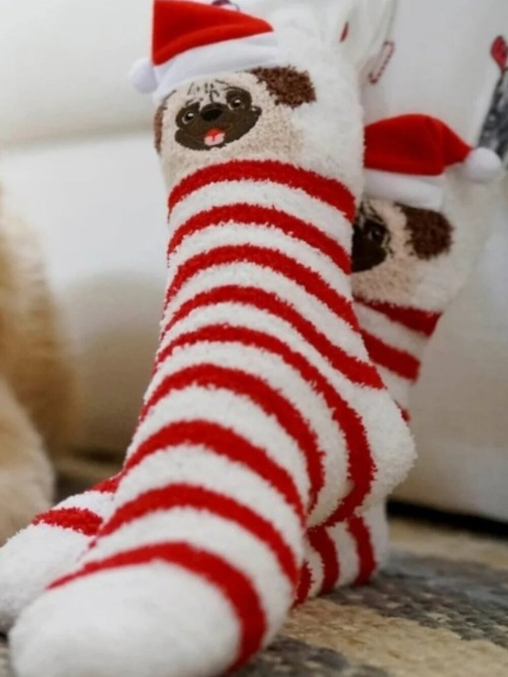 Festive PJ Salvage Pug Dog Fuzzy Socks with Santa Hat New Women's Holiday Gift